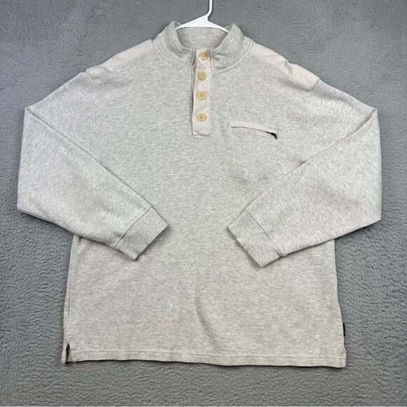 Izod Sweater Mens Extra Large Gray Beige Knit Button Zip Pocket Golf Casual Prep - Picture 1 of 14
